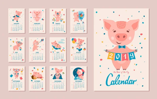 2019 Anno del Calendario PIG — Vettoriale Stock