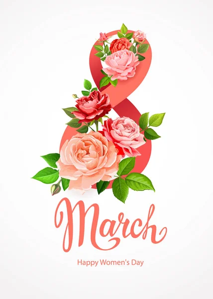 3月8日国际妇女日快乐 贺卡模板与美丽的绽放玫瑰红色 粉红色和活珊瑚的颜色 绿叶和芽周围的大8在浅灰色的背景 — 图库矢量图片
