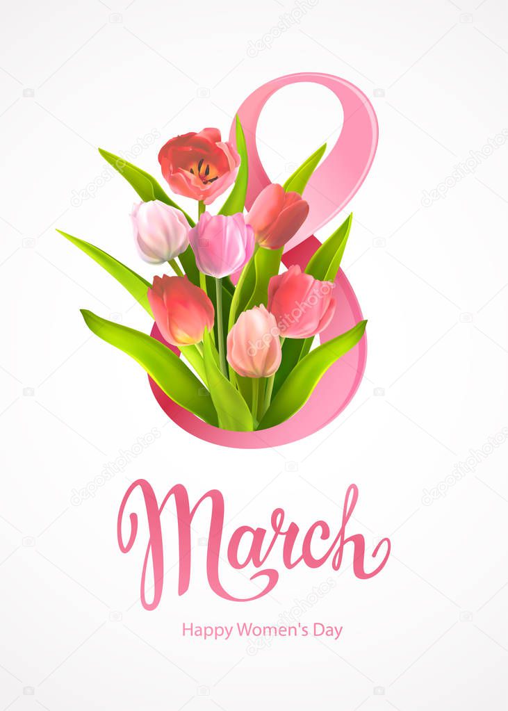 Happy International Womens Day 8 March. Greeting card template with realistic beautiful blooming tulips red and pink colors, green leaves around big number 8 on a light-grey background