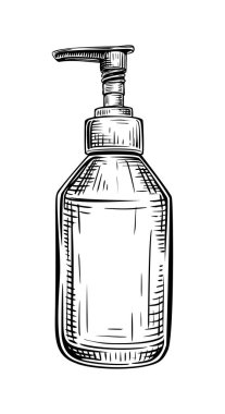 Vintage oymalı kozmetik şişenin vintage çizimi. Şampuan, krem, tonik, losyon ve serum paketi. Beyaz arkaplanda siyah beyaz çizim