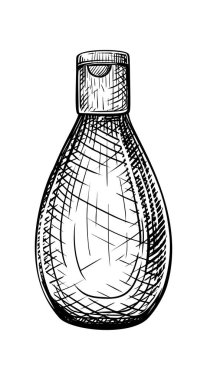 Vintage oymalı kozmetik şişenin vintage çizimi. Şampuan, krem, tonik, losyon ve serum paketi. Beyaz arkaplanda siyah beyaz çizim