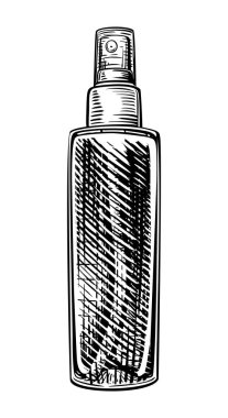 Vintage oymalı kozmetik şişenin vintage çizimi. Şampuan, krem, tonik, losyon ve serum paketi. Beyaz arkaplanda siyah beyaz çizim