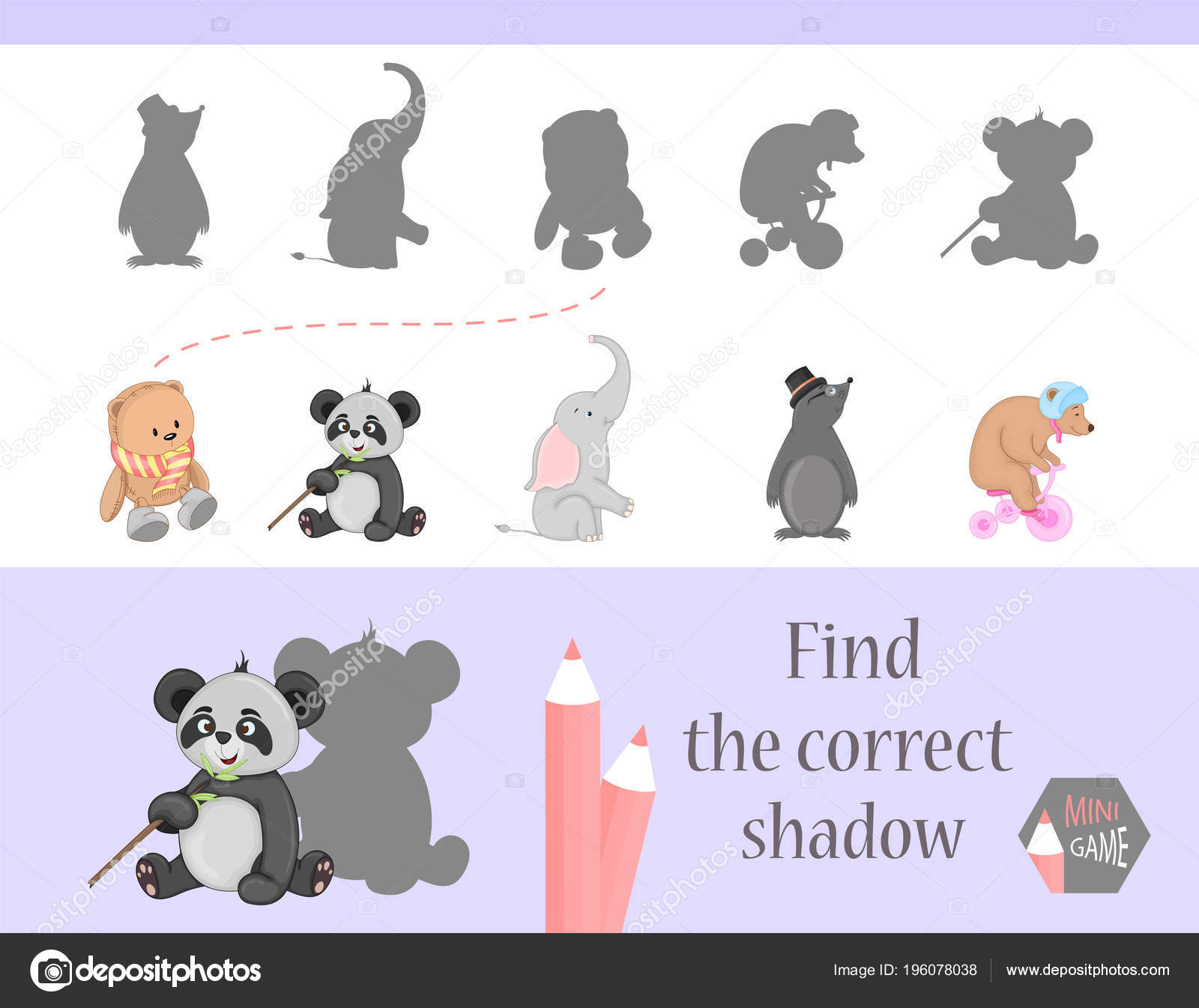 Find the correct shadow, education game for children. Cute Cartoon