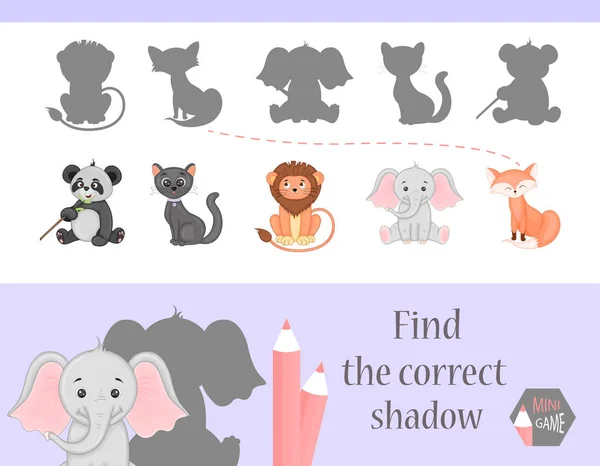 Encontrar la sombra correcta, juego de educación para los niños. Lindos animales de dibujos animados y la naturaleza. ilustración vectorial. gato, regalo, león, elefante, zorro — Vector de stock