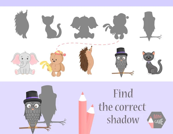 Encontrar la sombra correcta, juego de educación para los niños. Lindos animales de dibujos animados y la naturaleza. ilustración vectorial. gato, elefante, oso, erizo, búho — Vector de stock