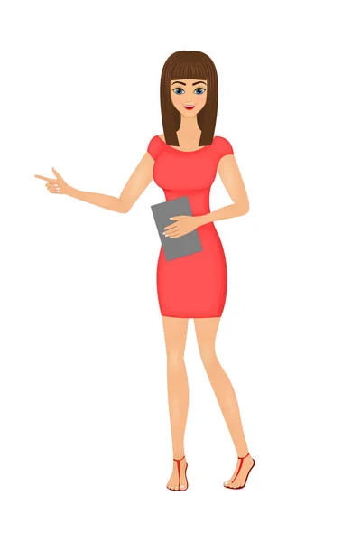 Illustration av söta tecknade affärskvinna i en röd klänning med en mapp — Stock vektor