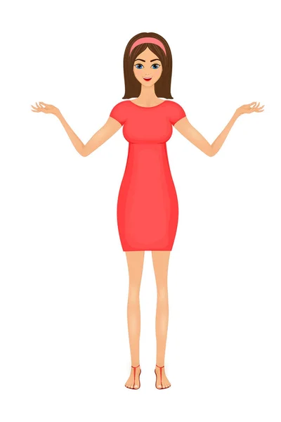 Illustration av söt tecknad affärskvinna i en röd klänning — Stock vektor