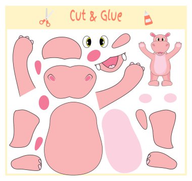 Eğitim kağıt okul öncesi çocukların gelişimi için oyun. Görüntü ve tutkal kağıt üzerinde bölümlerini kesip. Vektör çizim. Makas ve yapıştırıcı aplike oluşturmak için kullanın. Su aygırı hayvan