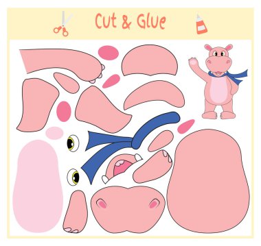 Eğitim kağıt okul öncesi çocukların gelişimi için oyun. Görüntü ve tutkal kağıt üzerinde bölümlerini kesip. Vektör çizim. Makas ve yapıştırıcı aplike oluşturmak için kullanın. Su aygırı hayvan