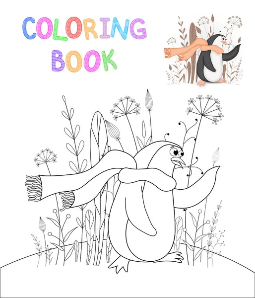 Libro da colorare per bambini con animali dei cartoni animati. Compiti educativi per bambini in età prescolare pinguino carino — Vettoriale Stock