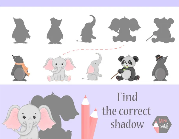 Encontrar Sombra Correcta Juego Educación Para Los Niños Lindos Animales — Archivo Imágenes Vectoriales