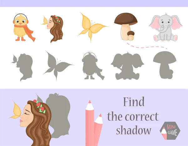 Encontrar la sombra correcta, juego de educación para los niños. Lindos animales de dibujos animados y la naturaleza. ilustración vectorial — Vector de stock