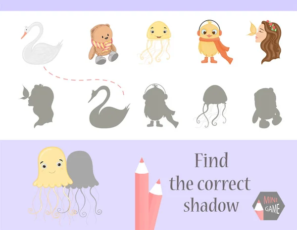 Encontrar la sombra correcta, juego de educación para los niños. Lindos animales de dibujos animados y la naturaleza. ilustración vectorial — Vector de stock