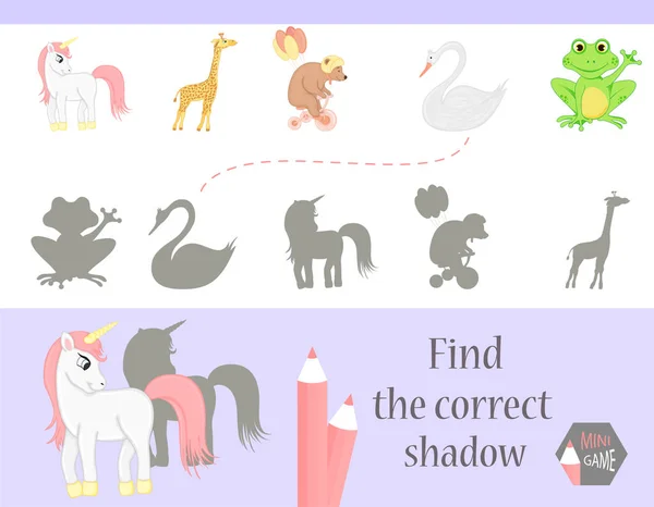 Encontrar la sombra correcta, juego de educación para los niños. Lindos animales de dibujos animados y la naturaleza. ilustración vectorial — Vector de stock