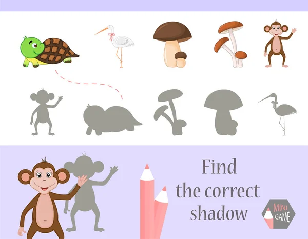 Encontrar la sombra correcta, juego de educación para los niños. Lindos animales de dibujos animados y la naturaleza. ilustración vectorial — Vector de stock