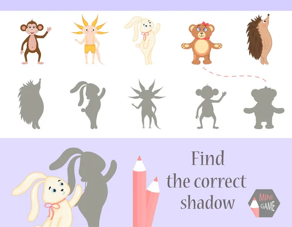 Знайдіть правильну тінь, навчальну гру для дітей. Милі мультяшні тварини і природа. Векторна ілюстрація — стоковий вектор