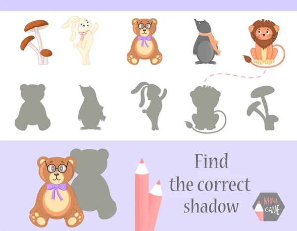Trova l'ombra corretta, gioco di educazione per bambini. Carino animali dei cartoni animati e la natura. illustrazione vettoriale — Vettoriale Stock