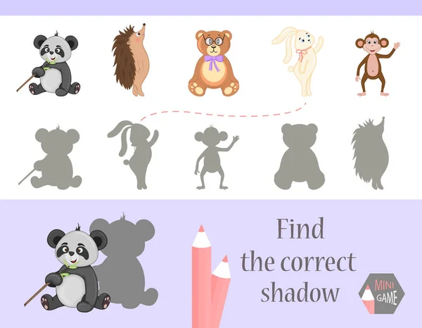 Encontrar la sombra correcta, juego de educación para los niños. Lindos animales de dibujos animados y la naturaleza. ilustración vectorial — Vector de stock