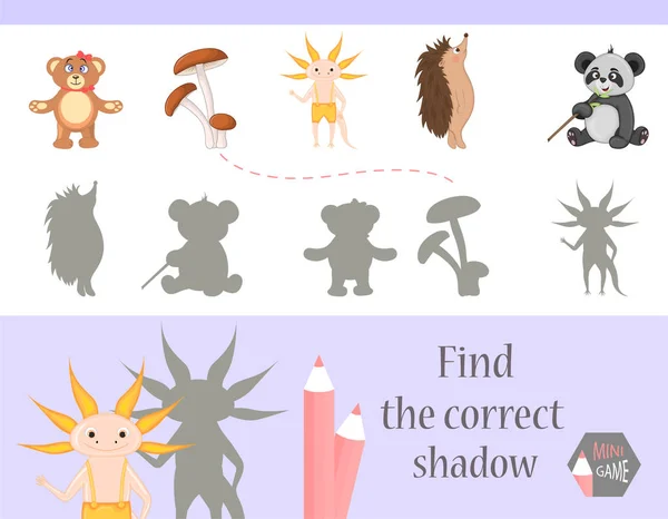 Encontre Sombra Correta Jogo Educação Para Crianças Animais Desenhos Animados — Vetor de Stock