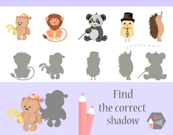 Encontrar la sombra correcta, juego de educación para los niños. Lindos animales de dibujos animados y la naturaleza. ilustración vectorial — Vector de stock