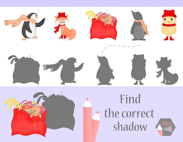 Encontrar la sombra correcta, juego de educación para los niños. Lindos animales de dibujos animados y la naturaleza. ilustración vectorial . — Vector de stock