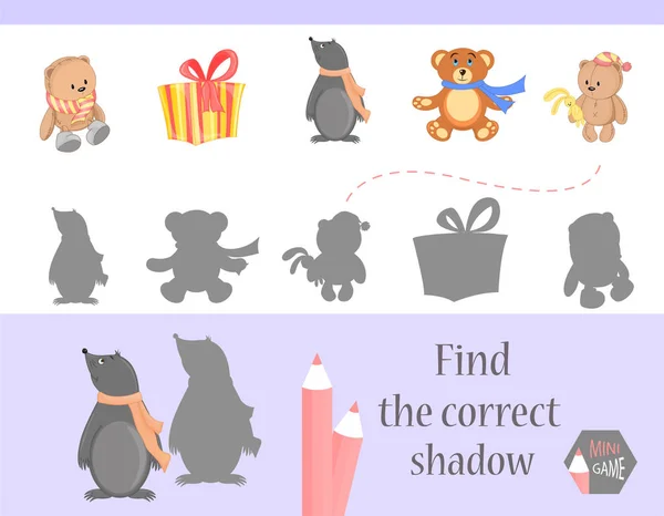 Trova l'ombra corretta, gioco di educazione per bambini. Carino animali dei cartoni animati e la natura. illustrazione vettoriale . — Vettoriale Stock