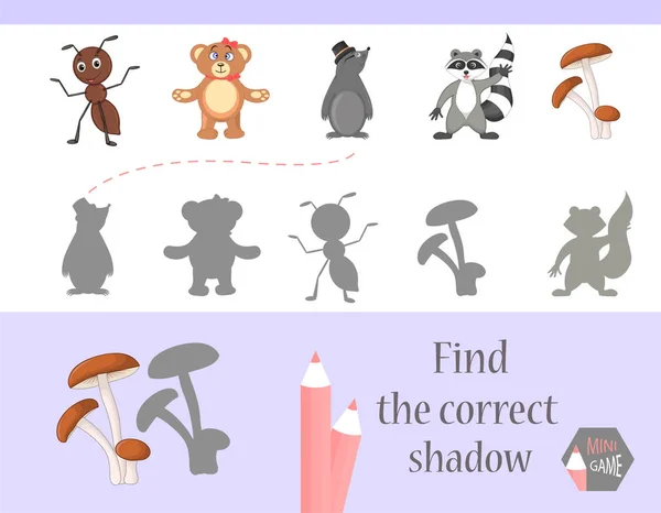 Encontrar la sombra correcta, juego de educación para los niños. Lindos animales de dibujos animados y la naturaleza. ilustración vectorial . — Vector de stock