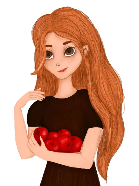 Portret van een cartoon meisje met appels in haar handen — Stockvector