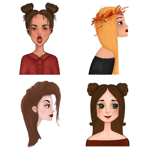 Conjunto Retratos Dibujos Animados Chicas Acuarela Técnica Lápiz — Vector de stock