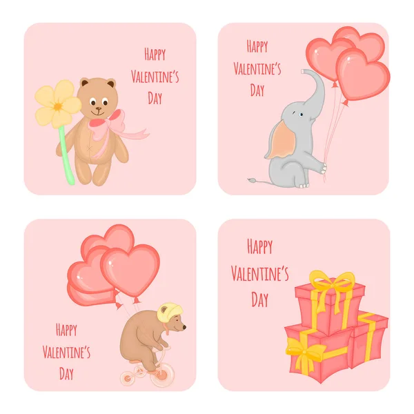 バレンタインの日に動物とカードの漫画セット — ストックベクタ