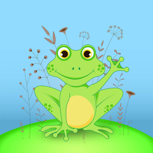 Gift postcard with cartoon animals frog. Decorative floral background with branches and plants