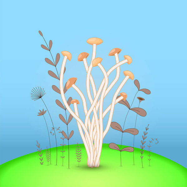 Gift postcard with cartoon animals mushroom. Decorative floral background with branches and plants