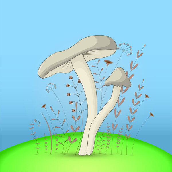 Gift postcard with cartoon animals mushroom. Decorative floral background with branches and plants