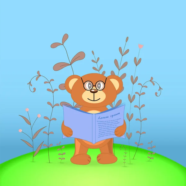 漫画の動物の熊とギフトはがき 枝や植物と花の装飾的な背景 — ストックベクタ