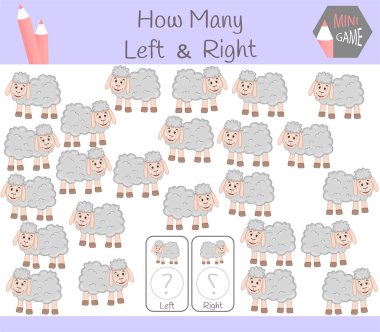 Eğitim oyun sayma sol ve sağ odaklı resimler koyun olan çocuklar için.