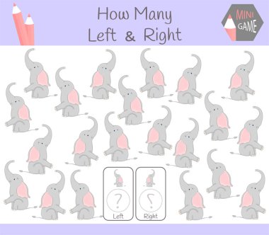 Eğitim oyun sayma sol ve sağ odaklı resimler fil olan çocuklar için.
