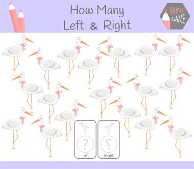 Eğitim oyun sayma sol ve sağ odaklı resimler balıkçıl olan çocuklar için.
