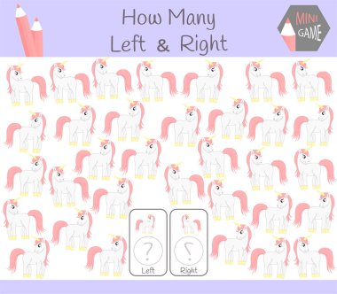 Eğitim oyun sayma sol ve sağ odaklı resimler tek boynuzlu at olan çocuklar için.