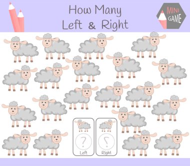 Eğitim oyun sayma sol ve sağ odaklı resimler koyun olan çocuklar için.