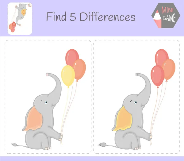 找出差异 教育游戏的孩子 大象与气球 农场里的动物 — 图库矢量图片