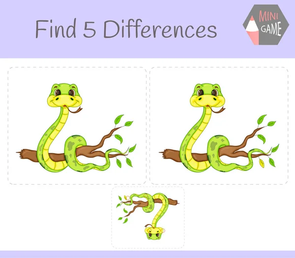 找出差异 教育游戏的孩子 树枝上的蛇 农场里的动物 — 图库矢量图片