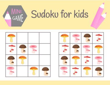 Sudoku game for kids with pictures and animals. Children sheets. Learning logic, educational game. clipart