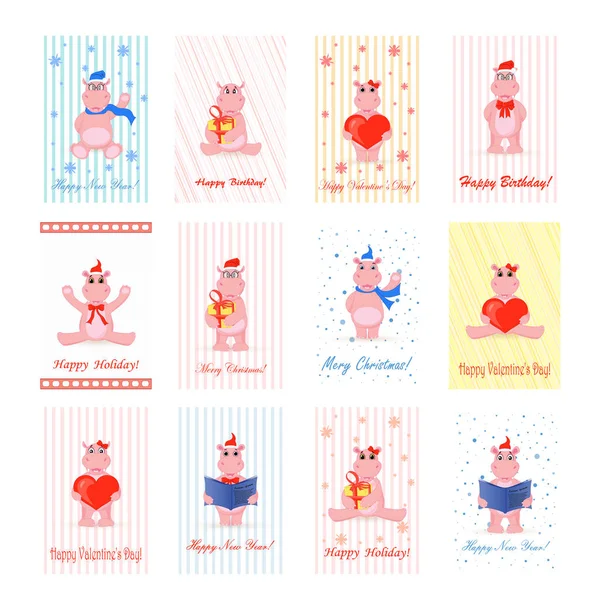 バレンタインの日の子供のカード カバと子供たちのイラスト — ストックベクタ