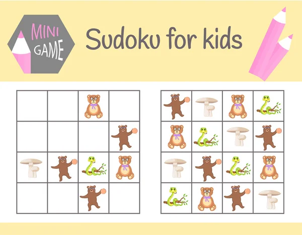 Sudoku juego para niños con fotos y animales. Sábanas infantiles. Lógica de aprendizaje, juego educativo — Archivo Imágenes Vectoriales