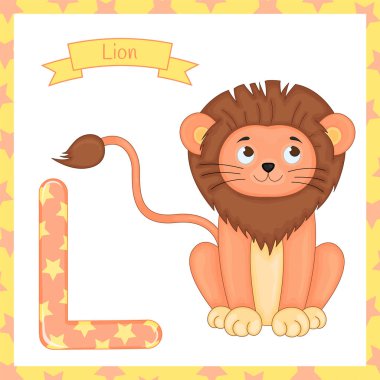 Hayvan alfabe. L aslan için olduğunu. Mutlu bir aslan vektör Illustration. Sevimli çizgi aslan izole