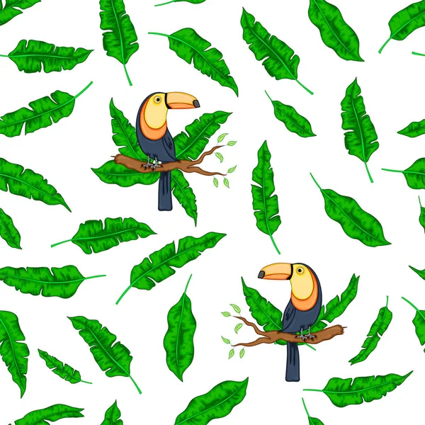 Feuilles exotiques vertes tropicales avec oiseau à la mode Toucan fond blanc. Composition sans couture vectorielle — Image vectorielle