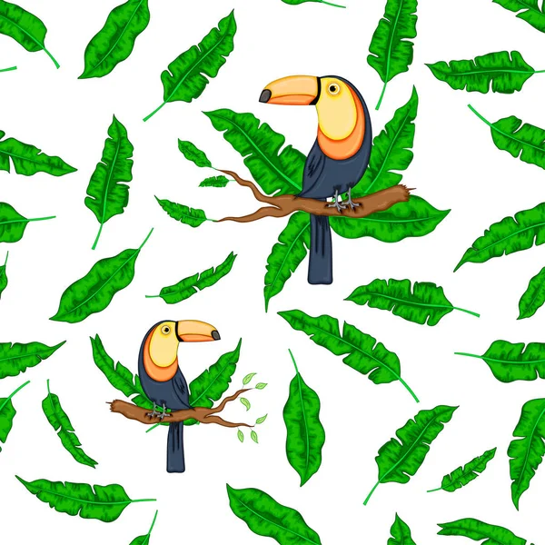 Exotic tropical green leaves with fashionable bird Toucan white background. Vector seamless composition — Stock Vector