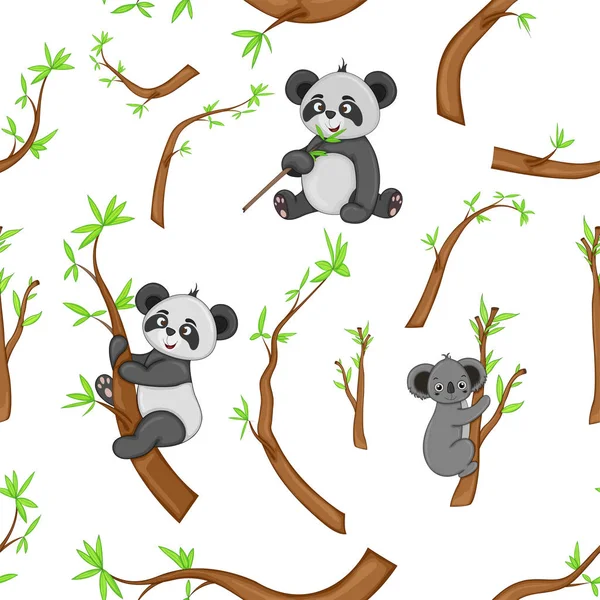 Naadloze patroon, achtergrond. met Panda's en bamboe. Vectorillustratie. Geïsoleerd op witte achtergrond — Stockvector