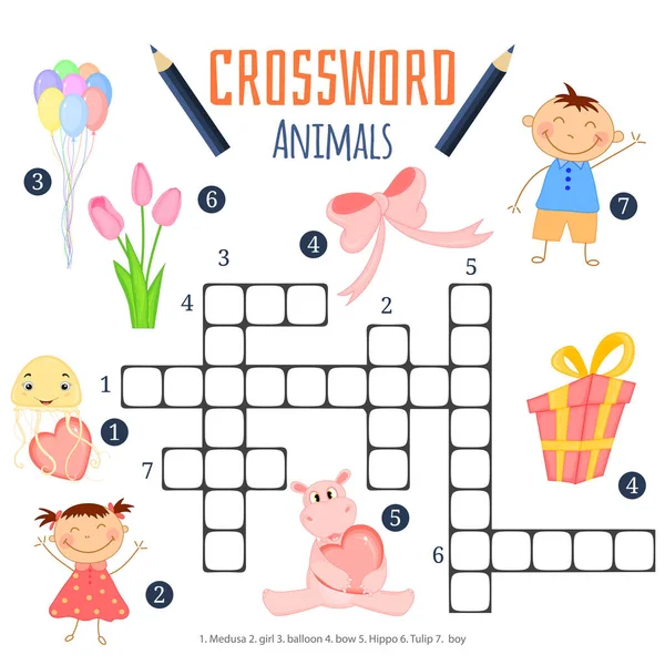 ベクトル色クロスワード 教育動物についての子供のためのゲーム — ストックベクタ