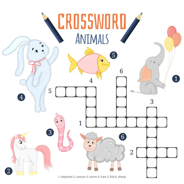 Crucigrama Color Vectorial Juego Educación Para Niños Sobre Animales — Archivo Imágenes Vectoriales